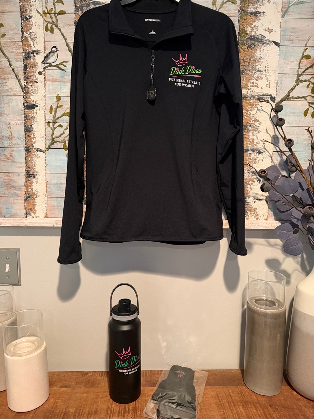Sport-Tek Women’s Black Quarter-Zip with Pink & Green 'Dink Divas' Logo